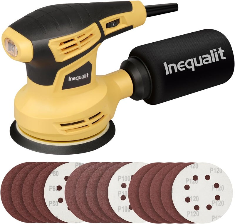 Inequalit Random Orbital Sander, 2.4Amp 5-Inch Corded Palm Sander, Max 13000 OPM Electric Drywall Sander with 6 Variable Speed, 15Pcs Sandpapers and Dust Bag for Woodworking Sanding Polishing - Image 1
